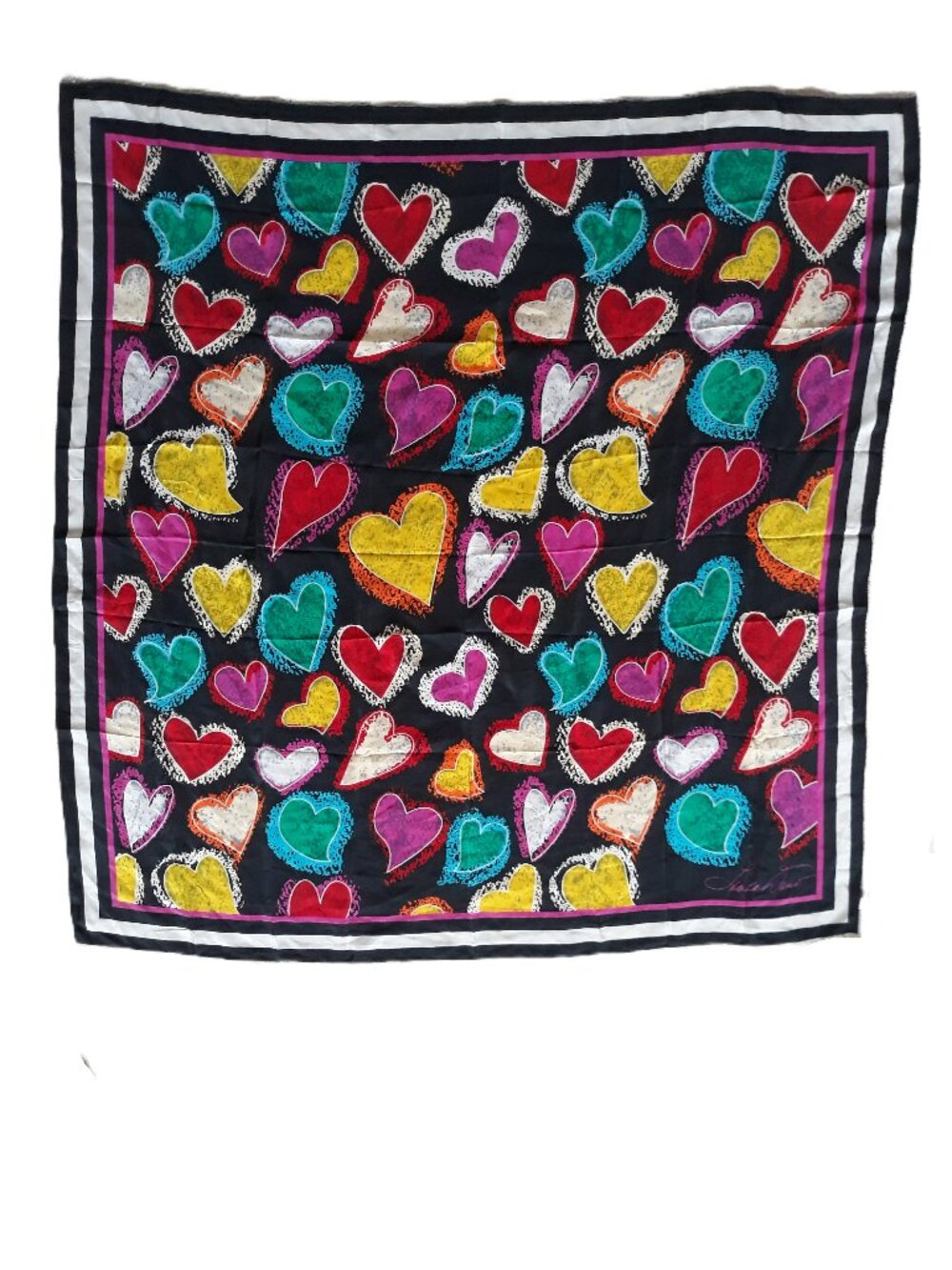 Linda Dano Hearts 100% Silk Scarf Oversized 41" Square Artsy Whimsical Colorful